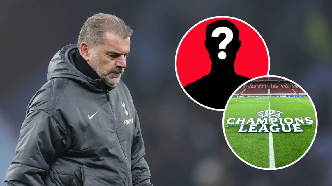 Ange Postecoglou looks dejected. Inset, UEFA Champions League logo and a mystery player.