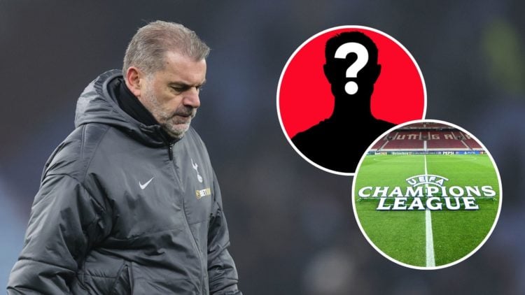 Ange Postecoglou looks dejected. Inset, UEFA Champions League logo and a mystery player.