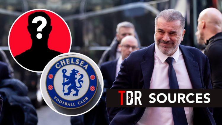 Ange Postecoglou arrives at the stadium. Inset, the Chelsea badge and a mystery player. Overlaid, an exclusive banner.