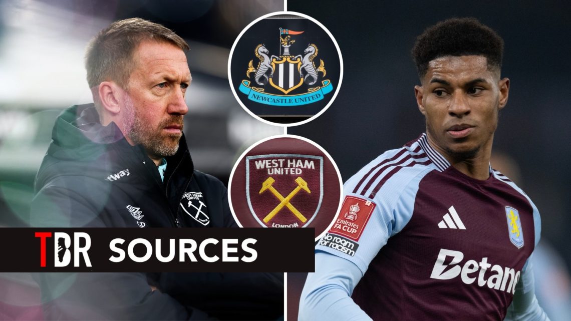 Split image of Graham Potter and Marcus Rashford. Inset, West Ham and Newcastle United badges. Overlaid, the TBR Sources banner.