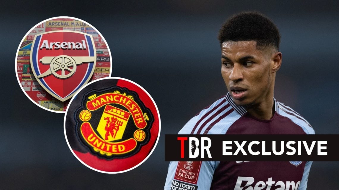 Marcus Rashford. Inset, Manchester United and Arsenal badges.