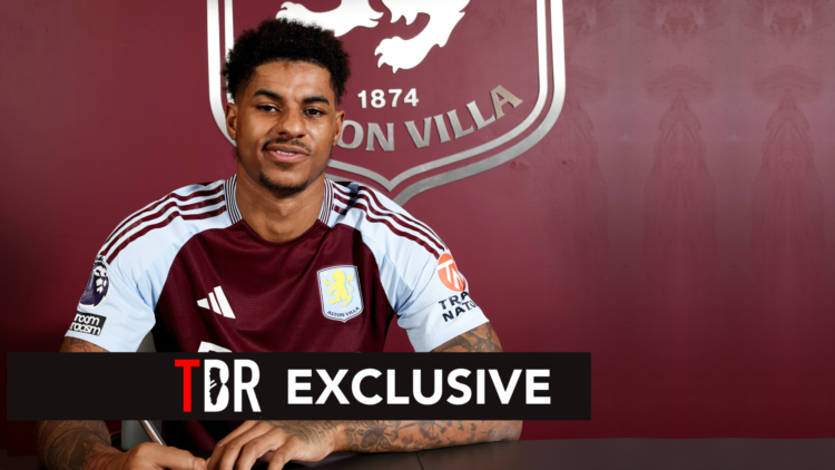 Marcus Rashford of Aston Villa signs on loan for Aston Villa pat Bodymoor Heath training ground with a TBR Exclusive banner