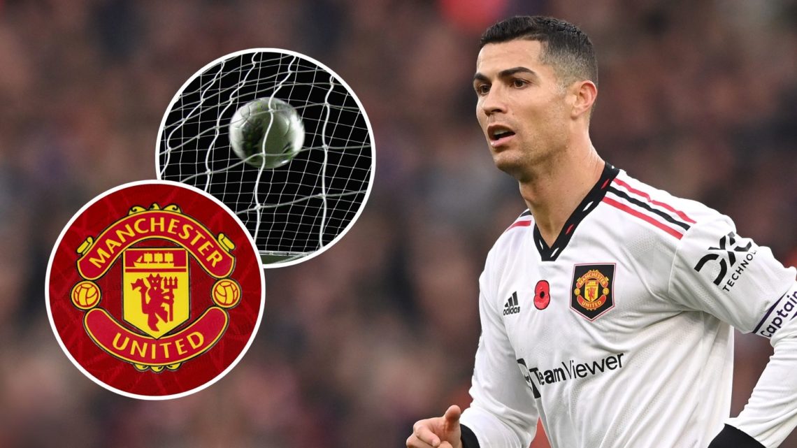 Cristiano Ronaldo of Manchester United in action during the Premier League match. Inset, the Manchester United badge and a football entering the net.