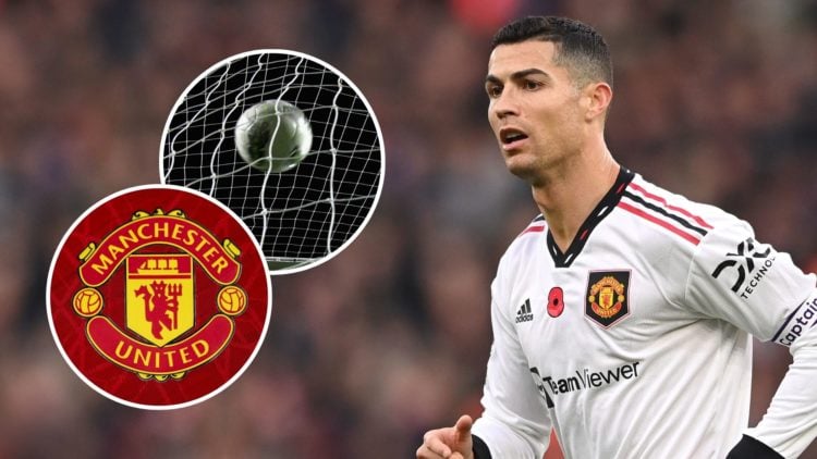 Cristiano Ronaldo of Manchester United in action during the Premier League match. Inset, the Manchester United badge and a football entering the net.