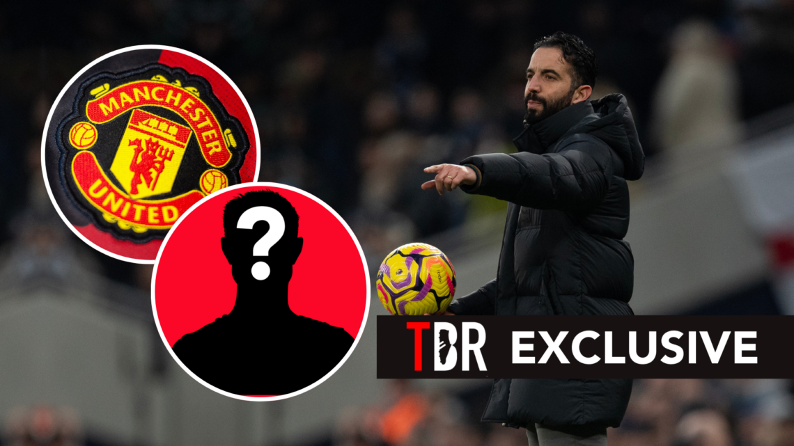 TBR Exclusive banner with Ruben Amorim, Manager of Manchester United, gestures during the Premier League match between Tottenham Hotspur FC and Man...