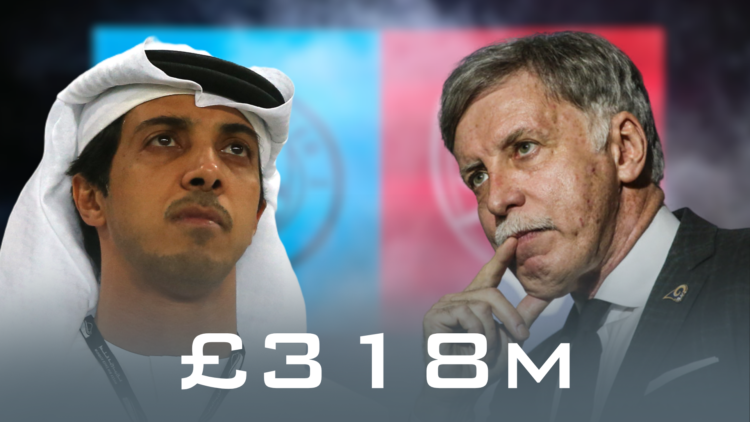 Sheikh Mansour and Stan Kroenke superimposed over the badges of Manchester City and Arsenal