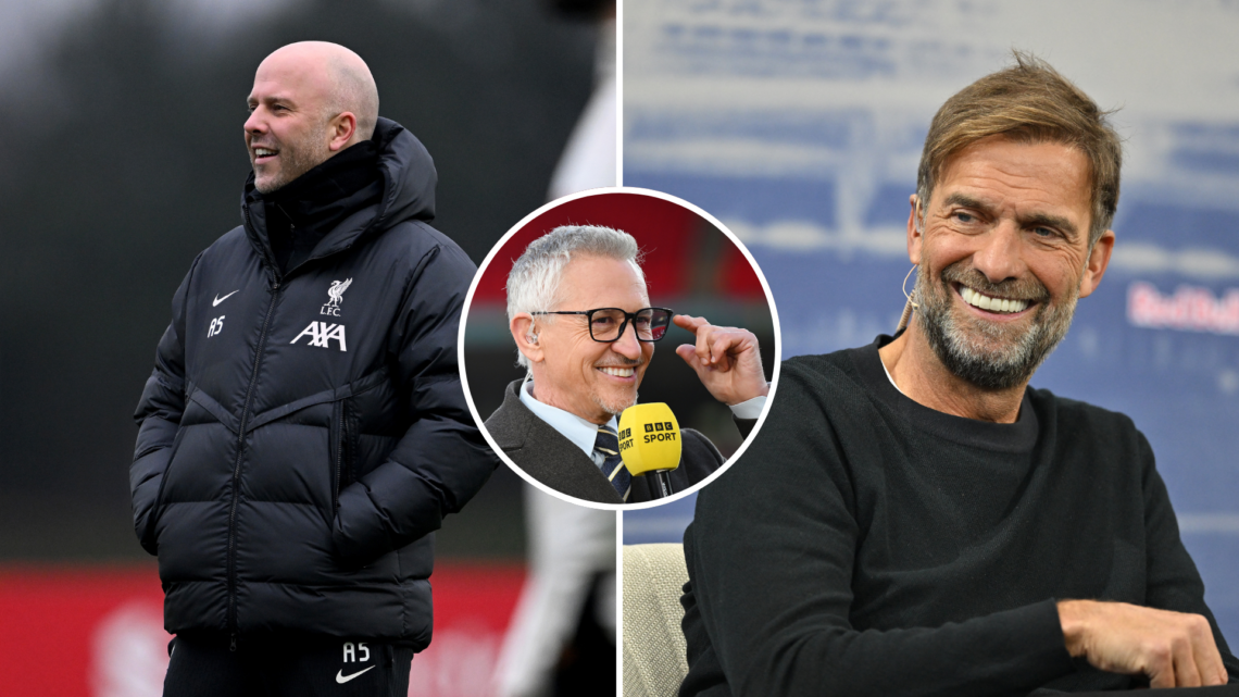 Split image of Head coach Arne Slot of Liverpool during a training session at AXA Training Centre and Jurgen Klopp, Red Bull's new "Global Head of ...