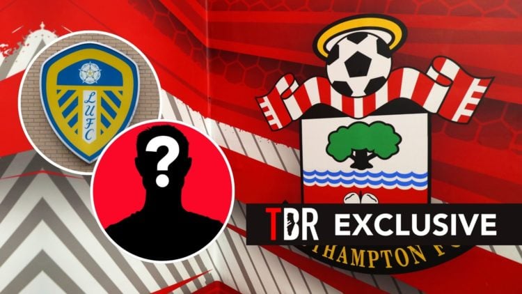 The Southampton badge is seen prior to the Premier League match between Southampton and Tottenham Hotspur. Inset, a mystery player and the Leeds ba...