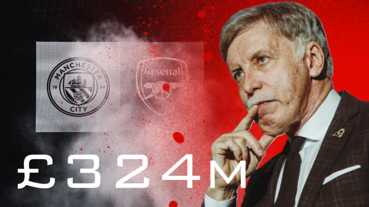 Arsenal owner Stan Kroenke superimposed over an image of the Manchester City and Arsenal badges