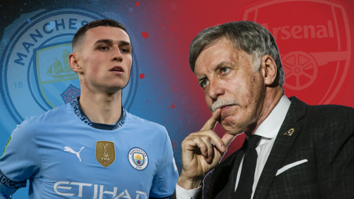 Phil Foden superimposed over the Manchester City badge, Stan Kroenke over the Arsenal badge
