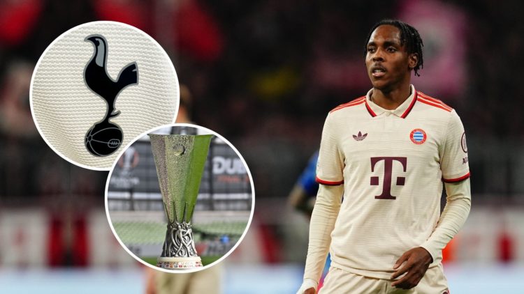 Mathys Tel (Bayern Munich) looks on during the Champions League MD8 match. Inset, the Europa League trophy and the Tottenham badge.