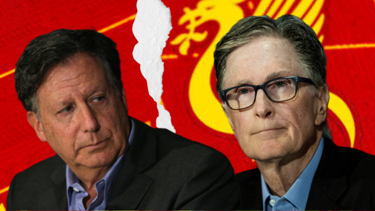 FSG co-owners John Henry and Tom Werner against a backdrop of a torn Liverpool badge