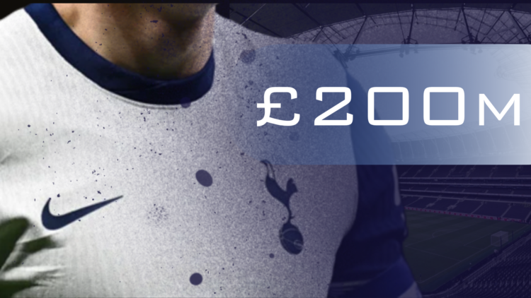 The Spurs kit superimposed over the background of the Tottenham Hotspur Stadium