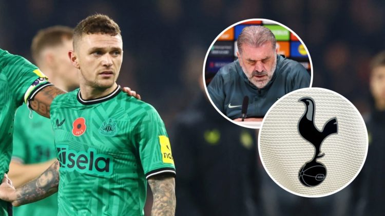 Kieran Trippier of Newcastle United (R) is pulled away by teammate Jamaal Lascelles. Inset, the Tottenham badge and Ange Postecoglou looking frustr...