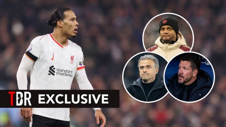 Virgil van Dijk of Liverpool during the Premier League match between Aston Villa FC and Liverpool FC. Inset, Vincent Kompany, Diego Simeone, and Lu...