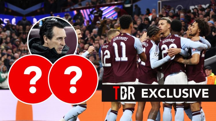 Morgan Rogers of Aston Villa celebrates with teammates after scoring the team's first goal. Insets, Unai Emery and two question marks. Overlaid, an...