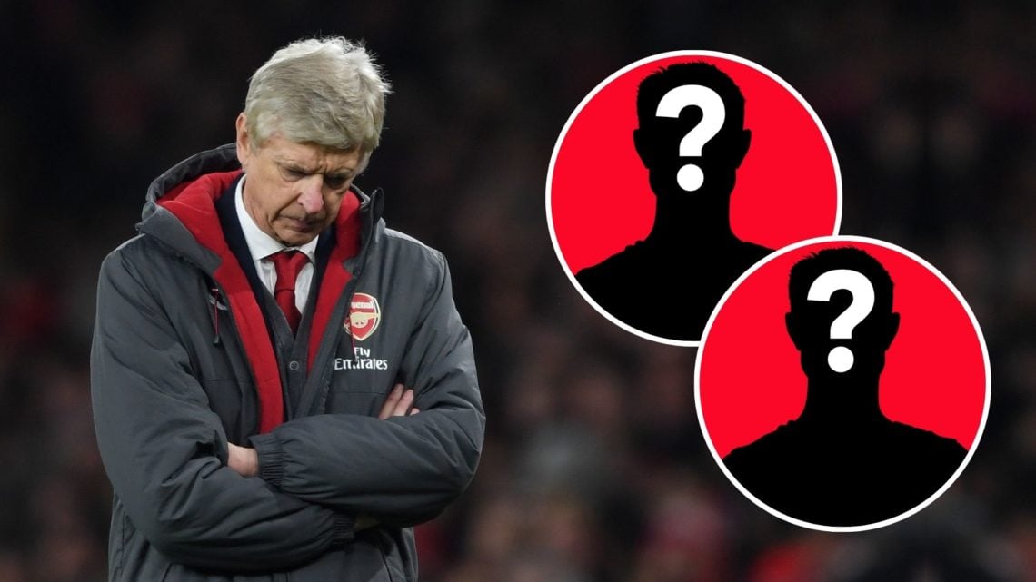 Arsene Wenger, manager of Arsenal, looking dejected. Inset, two mystery players.