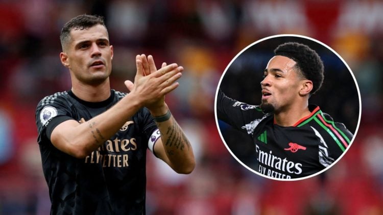 Granit Xhaka applauds. Inset, Ethan Nwaneri celebrating.