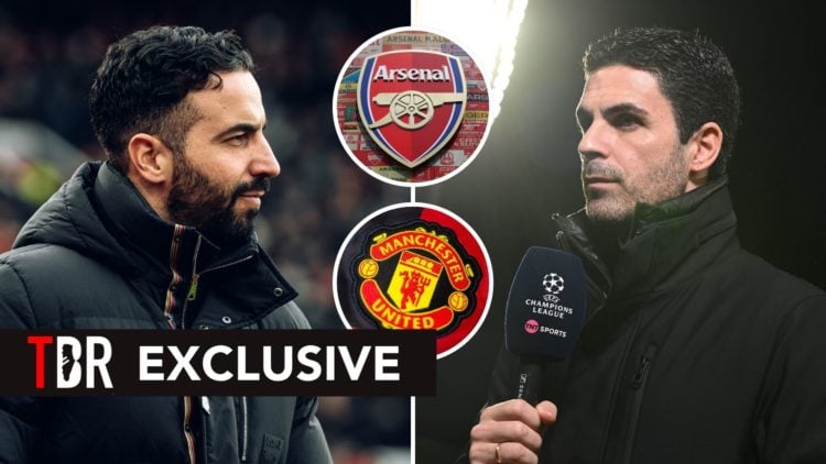 Split image of Mikel Arteta and Ruben Amorim. Inset, Manchester United and Arsenal badges. Overlaid, an exclusive badge.