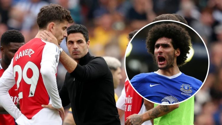 Kai Havertz and Mikel Arteta speak during a match. Inset, Fellaini.