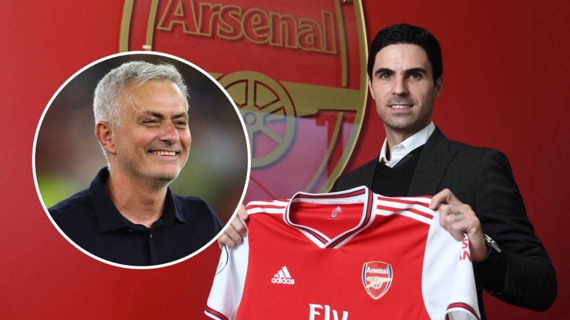 Mikel Arteta holding an Arsenal shirt. Inset, Jose Mourinho smiling.