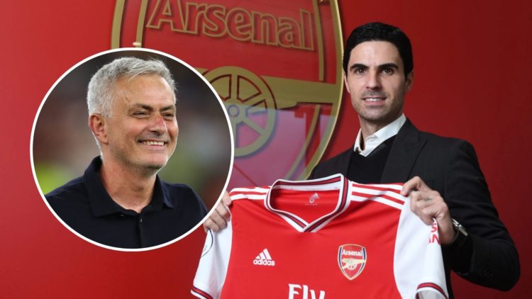 Mikel Arteta holding an Arsenal shirt. Inset, Jose Mourinho smiling.