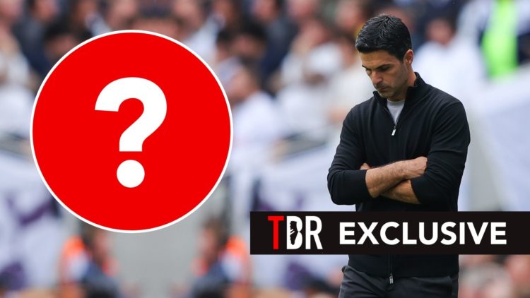 Mikel Arteta. Inset, a question mark. Overlaid, an exclusive banner.