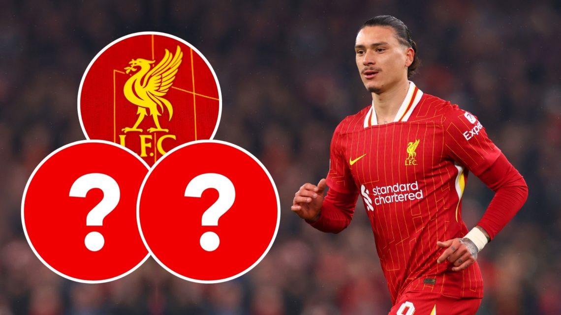 Darwin Nunez in action. Inset, Liverpool badge and two question marks.