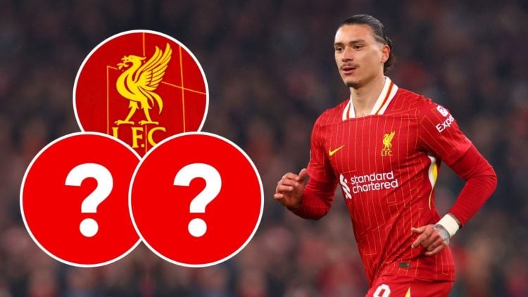 Darwin Nunez in action. Inset, Liverpool badge and two question marks.