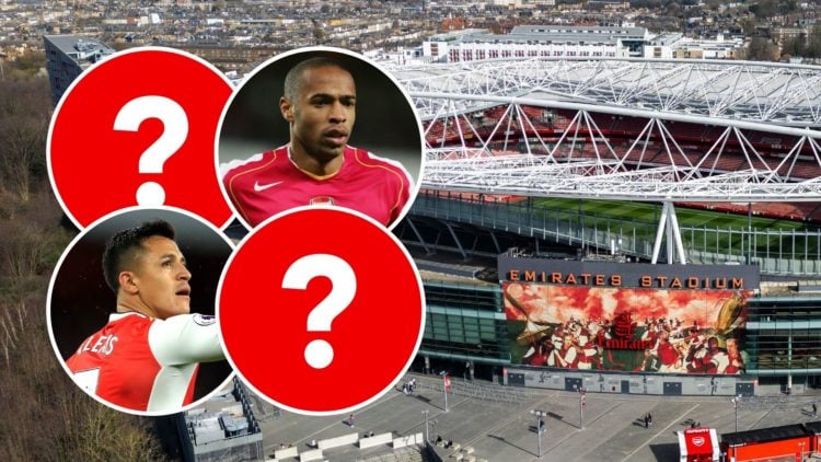Aerial view of Emirates Stadium. Inset, two question marks, Thierry Henry, and Alexis Sanchez.