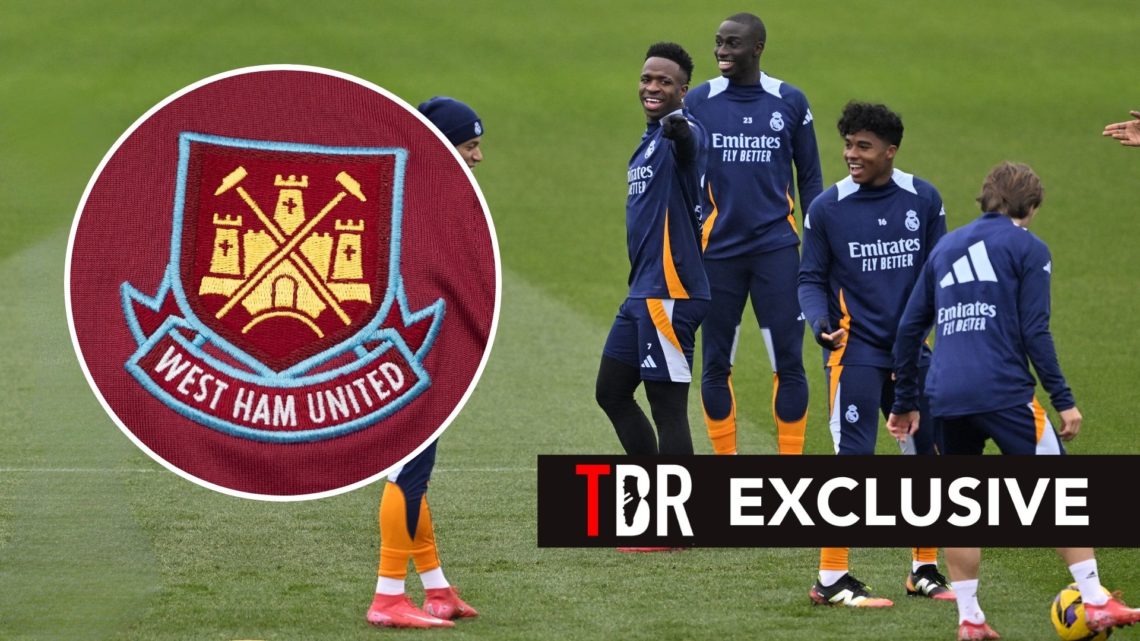 (L-R) Kylian Mbappe, Vinicius Junior, Ferland Mendy and Endrick Felipe of Real Madrid attend a training session. Inset, the West Ham United badge. ...