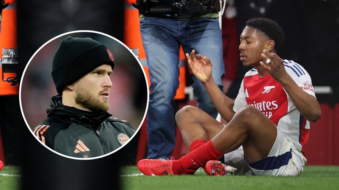 Myles Lewis-Skelly of Arsenal celebrates after scoring a goal. Inset, Eric Dier of Bayern Munich.