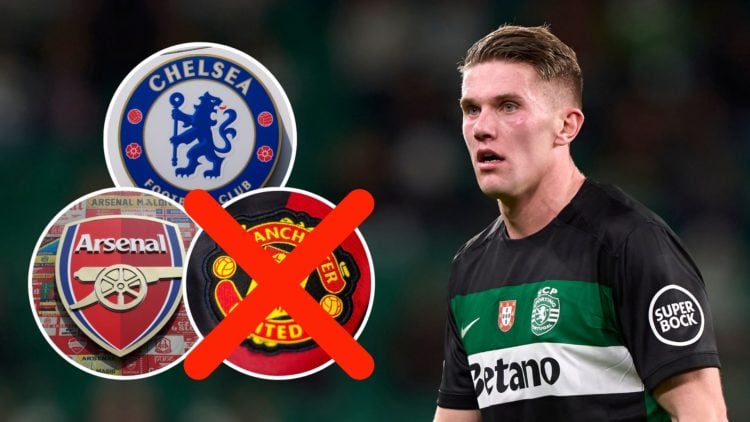 Viktor Gyokeres. Inset, the badges of Arsenal, Chelsea, and Manchester United. There is a cross over Manchester United's badge.