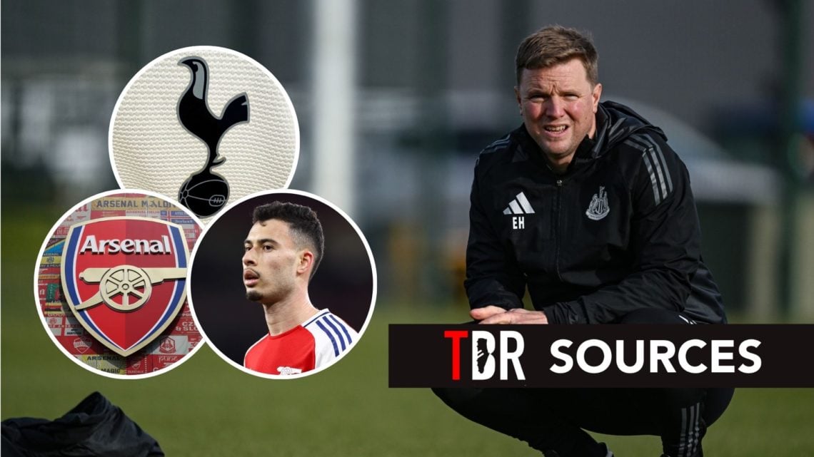 Eddie Howe during Newcastle training. Inset, the Tottenham and Arsenal badges, and Gabriel Martinelli.