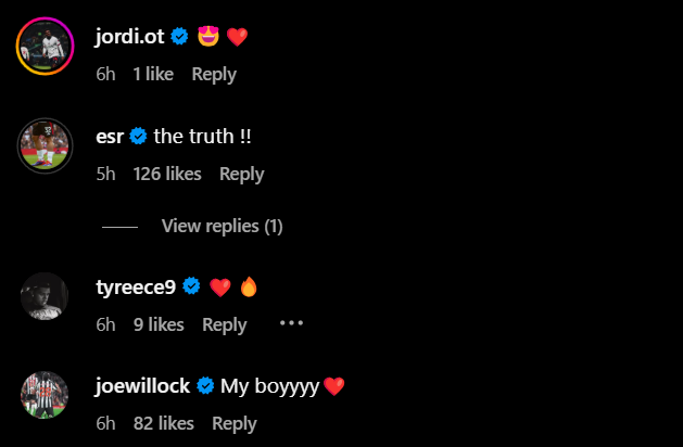 Screengrab of replies under Eddie Nketiah's Instagram post