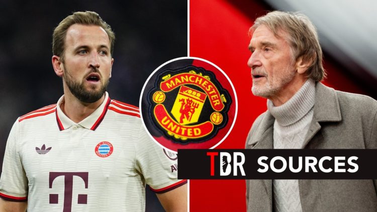 Split image of Harry Kane and Sir Jim Ratcliffe. Inset, Manchester United badge.