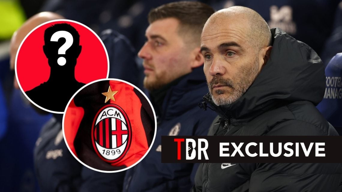 Enzo Maresca looks on. Inset, the AC Milan badge and a mystery player. Overlaid, the exclusive banner.