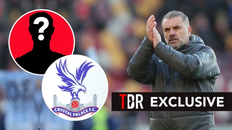 Ange Postecoglou applauds the fans. Inset, a mystery player and the Crystal Palace badge. Overlaid, the TBR exclusive banner.