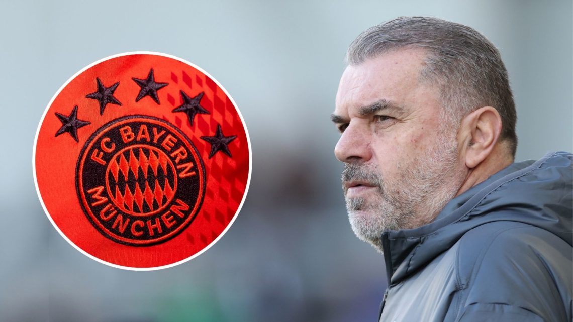 Ange Postecoglou. Inset, the Bayern Munich badge.