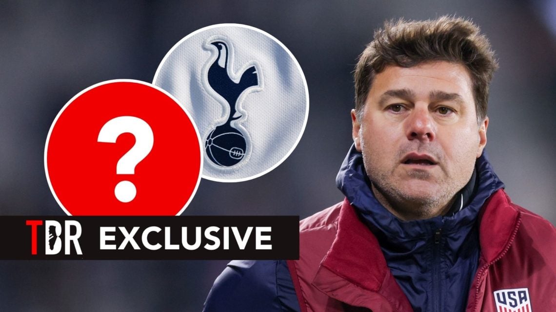 Mauricio Pochettino looks on. Inset, Tottenham badge.