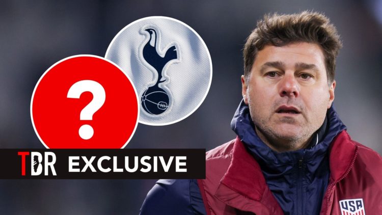 Mauricio Pochettino looks on. Inset, Tottenham badge.