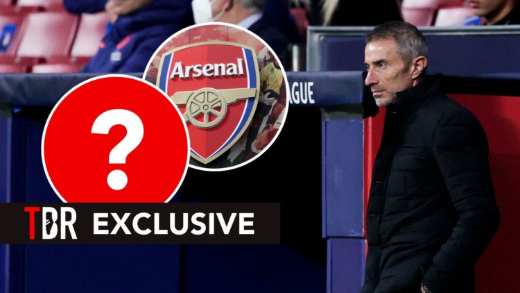 Andrea Berta looks on. Inset, Arsenal badge.
