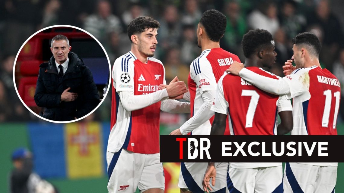 Arsenal players during a match with Sporting CP. Inset, Andrea Berta.