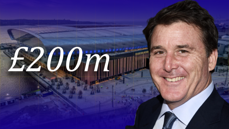 Image of Everton owner Dan Friedkin superimposed over an aerial shot of Bramley Moore Dock stadium, with '£200m' wordage