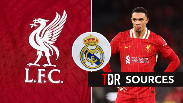 Split image of Trent Alexander-Arnold of Liverpool looks on during the UEFA Champions League 2024/25 UEFA Champions League 2024/25 Round of 16 Seco...