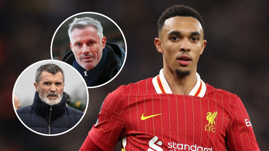 An image of Trent Alexander-Arnold looking straight ahead, with two insets: one featuring Jamie Carragher and the other featuring Roy Keane.