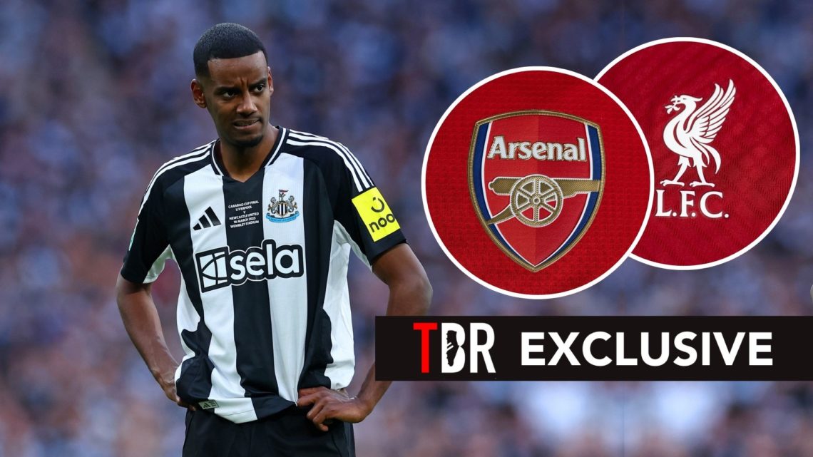 Alexander Isak looks on for Newcastle. Inset, Arsenal and Liverpool badges.