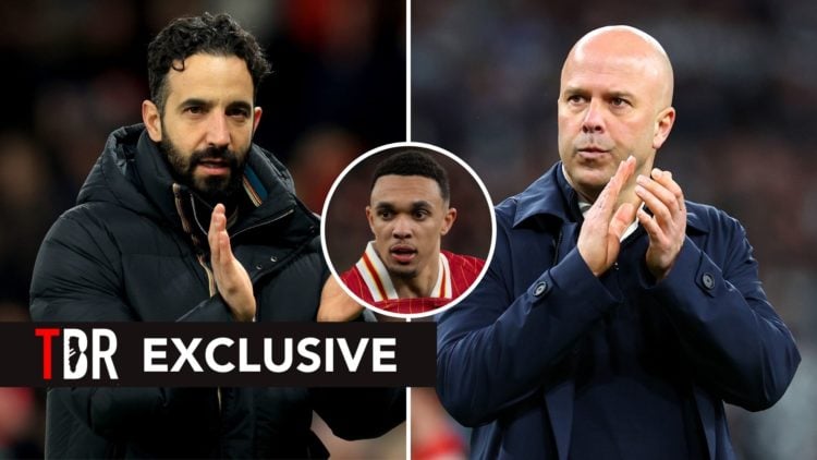 Split image of Ruben Amorim, Head Coach of Manchester United, during the UEFA Europa League 2024/25 Round of 16 Second Leg match, and Arne Slot app...