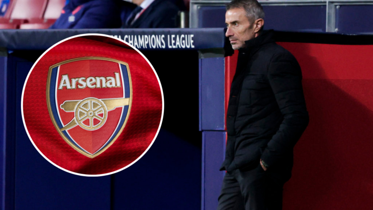 An image of Andrea Berta looking on along with a circular inset of the Arsenal badge