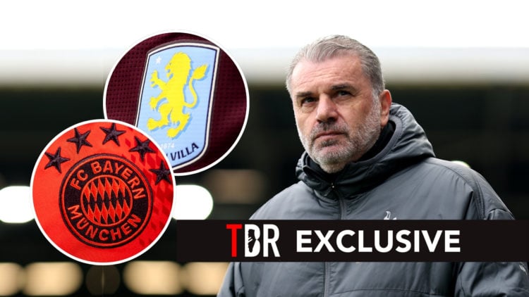 Ange Postecoglou, Manager of Tottenham Hotspur, looks on with two insets of Detail view of the Aston Villa badge and detailed view of the badge of ...